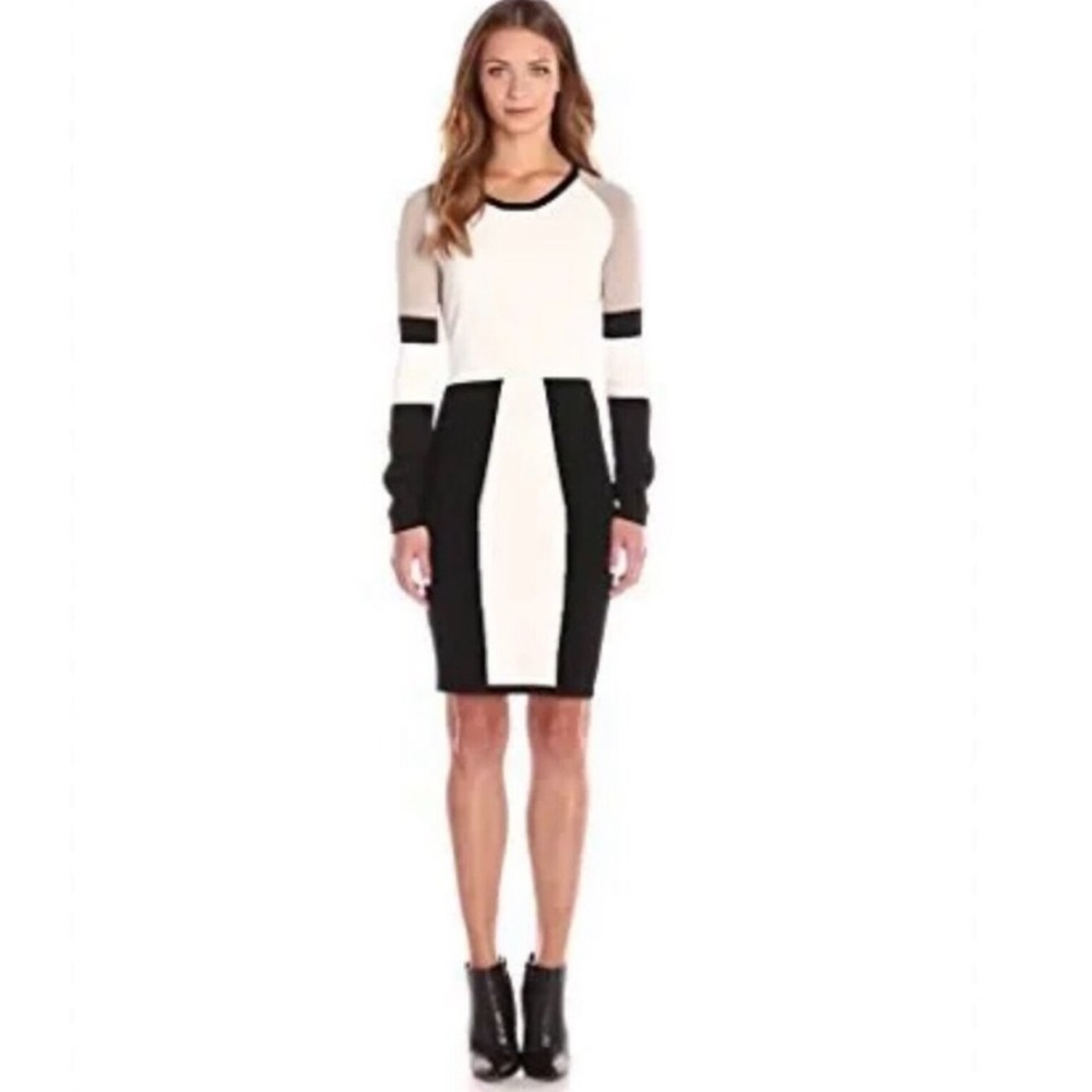 CALVIN KLEIN M Petite Colorblock Knit Long Sleeve Dress Black Taupe Cream MP - Picture 2 of 15